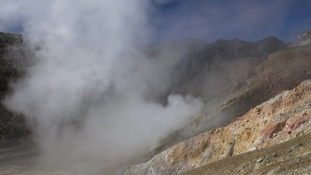 Natural hot steam and geysers surrounded by mountains under the blue cloudy sky