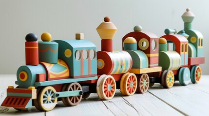 Wooden toy train set, with vibrant locomotives and carriages, evoking a sense of nostalgic joy.