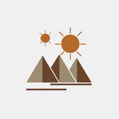 Minimalist art of suns over brown mountains