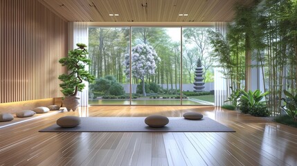 Yoga studio with bamboo flooring, mats, and tranquil decor, providing a serene environment for...