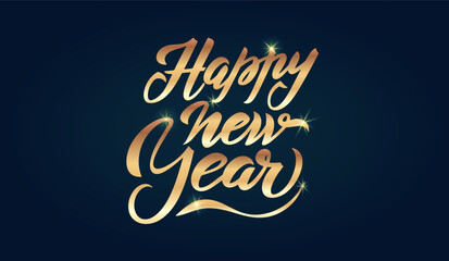 Happy New Year hand golden lettering calligraphy. Vector holiday illustration element. Gold luxury typographic for banner, poster, congratulations. Hand drawn vector 2025 number design template. - obrazy, fototapety, plakaty