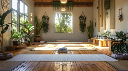 Yoga studio with bamboo flooring, mats, and tranquil decor, providing a serene environment for...