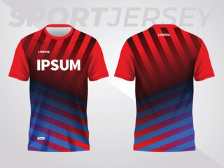 red and blue sport jersey mockup design for soccer, football, racing, gaming, motocross, cycling, and running. front and back view template