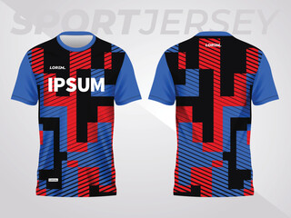 red and blue sport jersey mockup design for soccer, football, racing, gaming, motocross, cycling, and running. front and back view template