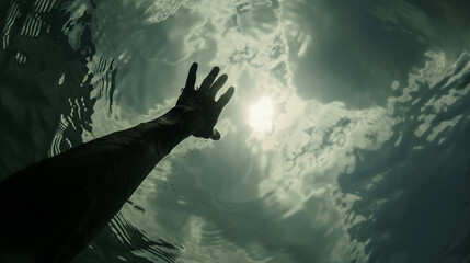 Hand reaching to the cloudy sky from under the water , hand of god