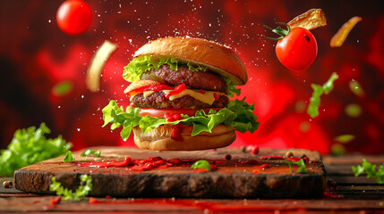 advertise photo of a gourmet burger bursting energetically from a rustic wooden board. generative...