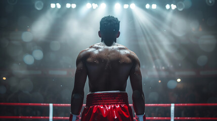 Feel the intensity as a determined male boxer prepares to step into the ring, adrenaline coursing through him during the walk to the arena, carrying the burden of expectations.