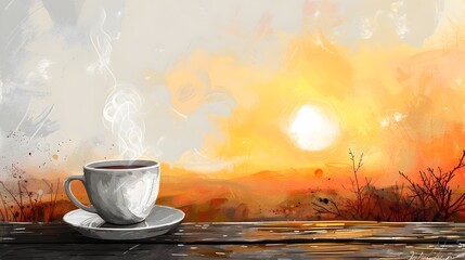 Naklejka na ściany i meble Serene Sunrise Moment with Steaming Coffee Cup in Hand Drawn Landscape