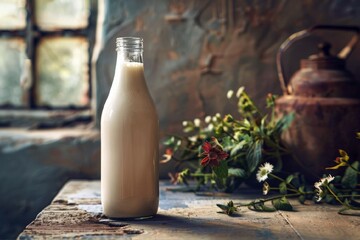 A glass bottle of natural milk on a old retro farm background. The concept of natural farm products. Organic food, healthy. A horizontal illustration with space for text.