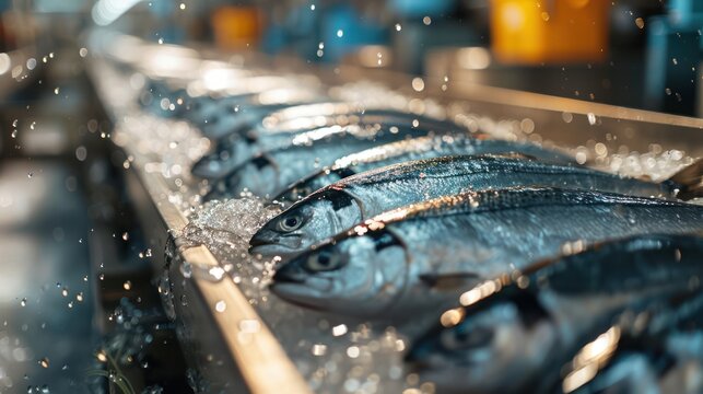 Raw sea fish on a factory conveyor belt