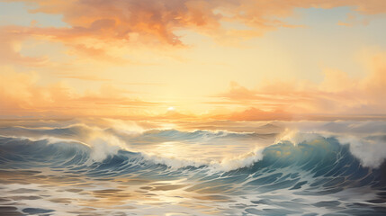 Fototapeta premium An atmospheric watercolor painting showcasing a golden sunrise over the ocean, with soft hues and a sense of tranquility.
