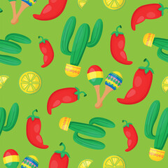 Viva Mexico seamless pattern. Mexican culture symbols. Maracas, cactus, lemon and jalapeno in tiled backdrop design.