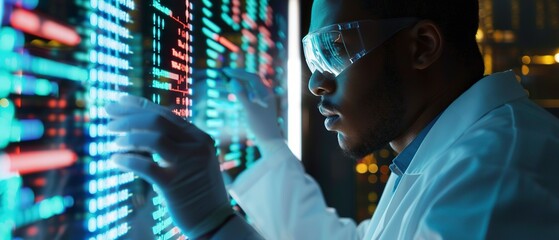 Scientist analyzing genetic data, concentration, screen glow, detailed view.