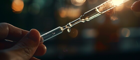 Hand holding a medicine dropper, precise dosage, clear liquid, focused light. - obrazy, fototapety, plakaty