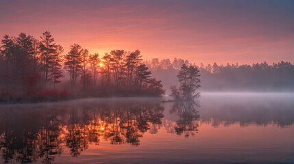 Fototapeta premium Tranquil Red Dawn: Serene Lake Awakening