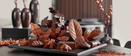 Close up a plate of assorted chocolates is on a black table