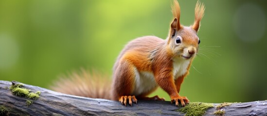 A fawncolored red squirrel with whiskers and a bushy tail is perched on a tree branch in a macro photography shot, showcasing its terrestrial animal nature - obrazy, fototapety, plakaty