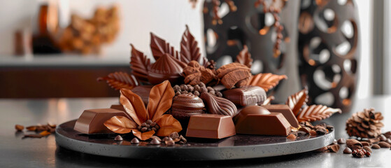 A plate of chocolate covered nuts and leaves is on a table, arranged in a visually appealing way
