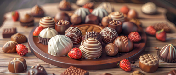 A tray of assorted chocolates and strawberries, concept of indulgence and luxury - obrazy, fototapety, plakaty