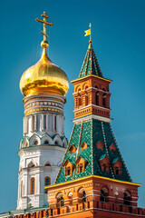 Fototapeta na wymiar Historical Grandeur: The Majestic View of Russian Kremlin Architecture Against a Blue Sky