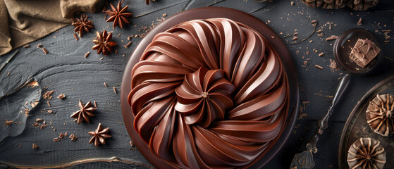 A chocolate cake with a spiral design sits on a wooden table