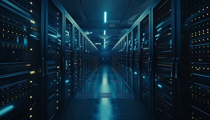 Visualizing IoT & Data Flow. Modern Server Racks in Dark Room. Illustrating Digitalization & Internet Traffic Complexity in Electric Equipment Warehouse with VFX