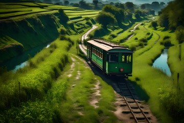 Naklejka premium A trolly going on a countryside with the grass on it and there is a natural landscape around and also there is a canal on one side of the road