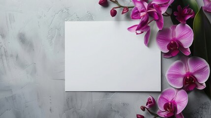 Greeting Cards mockup, empty white blanks, envelopes and magenta orchid flower on smooth grey background with copy space, greeting card template, invitation