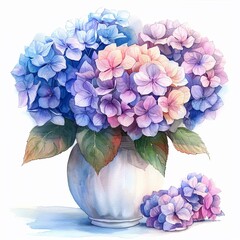 Cartoon Hydrangeas, watercolor pastels, vibrant hues, vase centerpiece, white backdrop ,ultra HD,clean sharp focus
