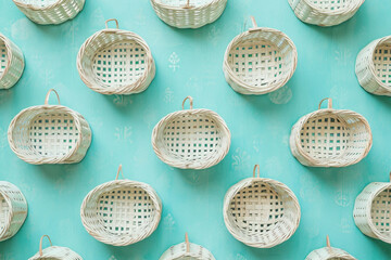 Traditional handwoven baskets displayed on a turquoise blue wall background in an elegant and stylish arrangement