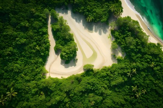 View from above showing a long stretch of white sand beach, azure sea, and green coconut, mangrove, and ketapang trees along the shore. Lovely idea for a background. Good wall covering