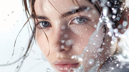 Beautiful young woman with thin water splashes, on a white background
