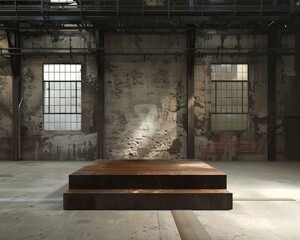 Industrial steel podium in an old warehouse perfect for avantgarde fashion displays - obrazy, fototapety, plakaty