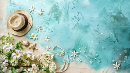 A hat, flowers, and seashells arranged on a vibrant blue background, creating a colorful and summery display