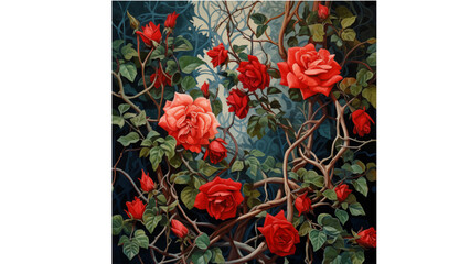 Lush Red Climbing Roses: This artwork captures the rich beauty of climbing roses in full bloom, with deep red petals and verdant leaves intricately woven among the vines