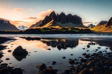 Vestrahorn mountain with reflections at sunset on Iceland's Stokksnes cape. Incredible seascape in Iceland. well-liked tourist destination. Top renowned travel destinations. Icelandic Scenery