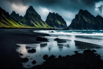 Outstanding Icelandic Seascape in Color. Fantastically picturesque Scene near Vestrahorn Mountain and Stokksnes Cape, with black sand dunes in the foreground illuminated by sunshine