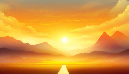 Monochrome orange desert landscape, sunset over sand dunes. Minimalist style, nature illustration. - obrazy, fototapety, plakaty