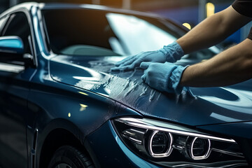 A man cleaning / wiping down a car using a microfiber cloth in a close-up view, illustrating the concept of car detailing or valeting. Modern car wash background. - obrazy, fototapety, plakaty