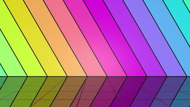 Raum mit in Regenbogenfarben leuchtenden Wandelementen, endloser Farbwechsel