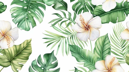 Fotobehang Fundo de plantas tropicais verdes em aquarela no fundo branco © Vitor
