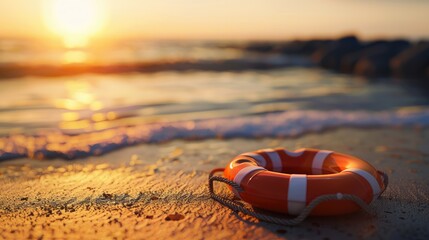 Lifebuoy on the beach at sunset. - obrazy, fototapety, plakaty