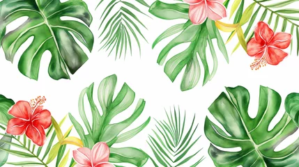 Poster Fundo de plantas tropicais verdes em aquarela no fundo branco © Vitor