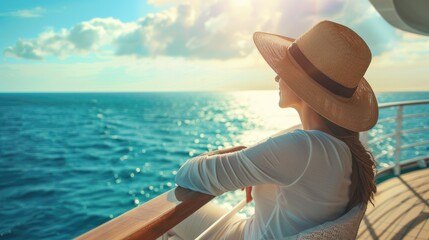 Elegant woman relaxing on outdoor deck of cruise ship looking at view of the sea. luxury travel on summer vacation.