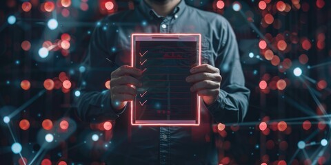 Businessman holding digital virtual checklist. Technology documents concept.