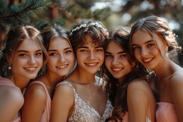 Fototapeta premium Newly married couple with groomsmen and bridesmaids.
