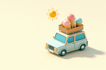 A car is carrying ice cream on its roof. Space for text.