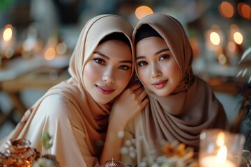 Obraz na płótnie Canvas portrait of two hijab woman best friends.