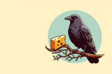 A crow with cheese sitting on a branch. Space for text. - obrazy, fototapety, plakaty
