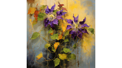 Impressionist Passionflower Cascade: An expressive painting in the impressionist style showcases a cascade of vibrant passionflowers, their distinctive purple blooms intermingling with the lively hues
